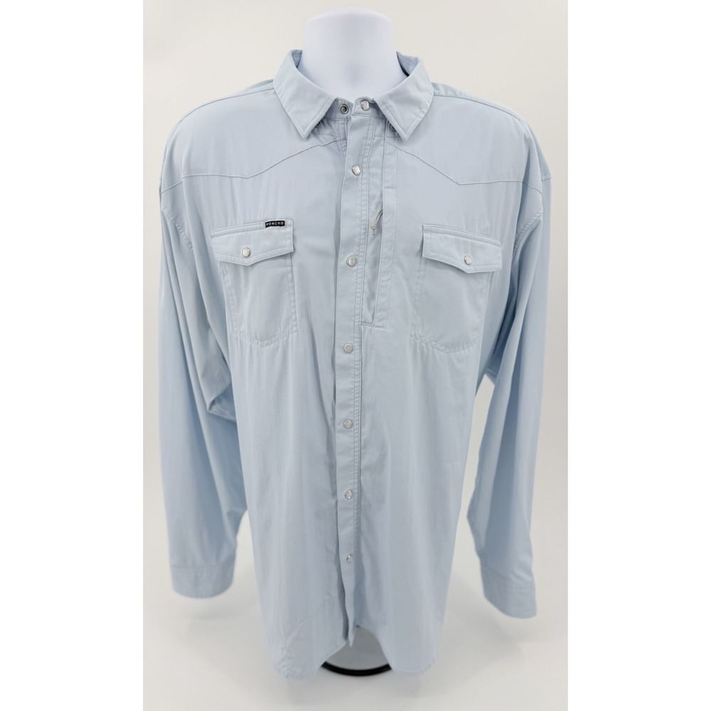 Poncho Fishing Shirt Regular Fit Light Blue Pearl Snap Pockets Vented Men's 2XL